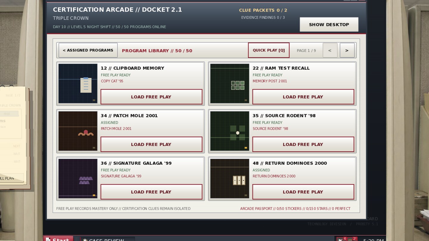 Certification Arcade library showing installed mini-games, assigned programs, stars, and mastery records