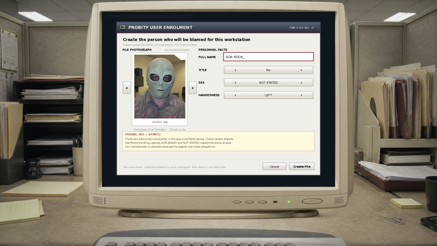 PROBITY personnel enrolment with bureaucratic fields and an employee photograph in an alien mask