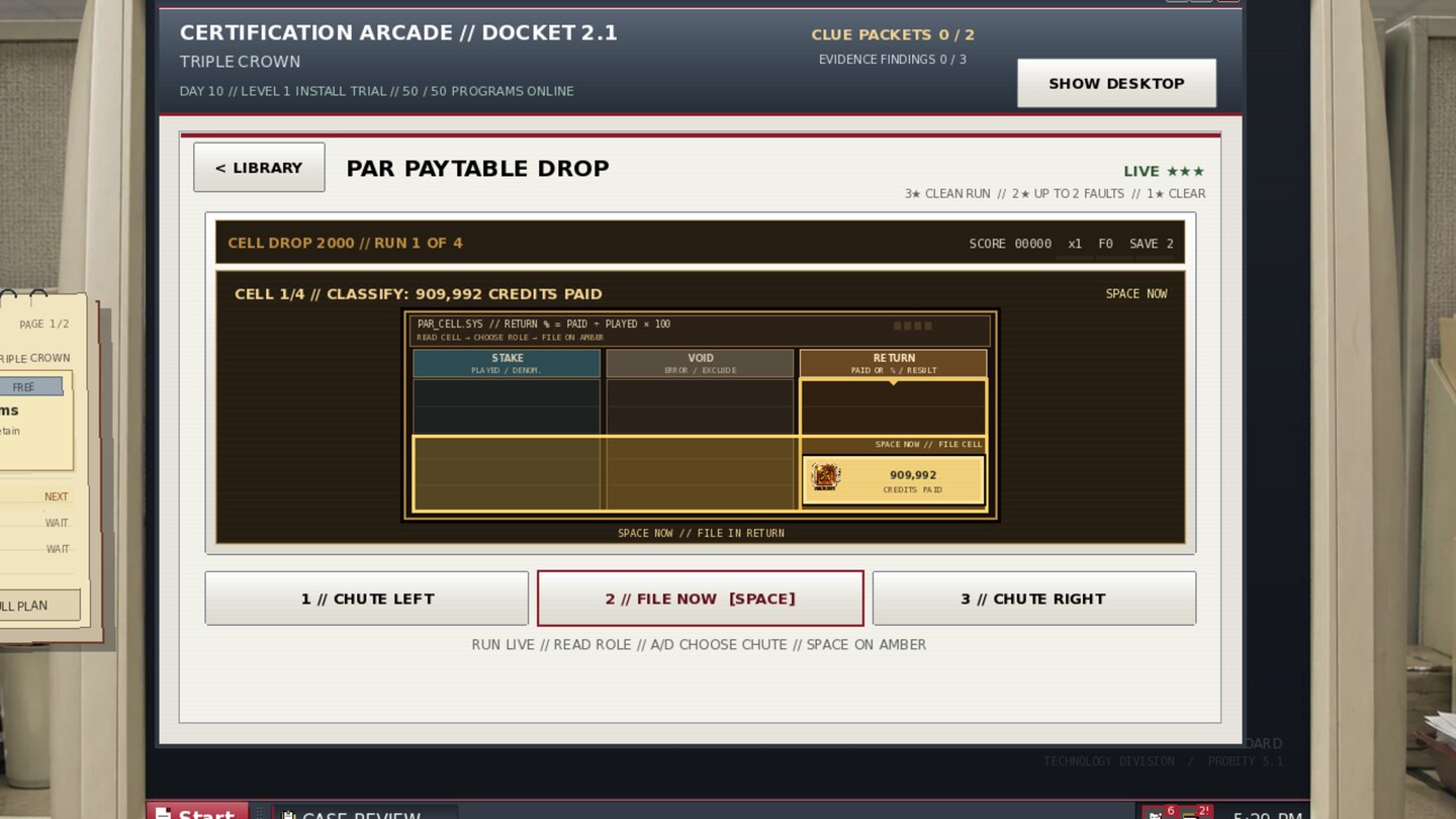 PAR Paytable Drop showing a return figure, moving amber filing window, and three chute choices