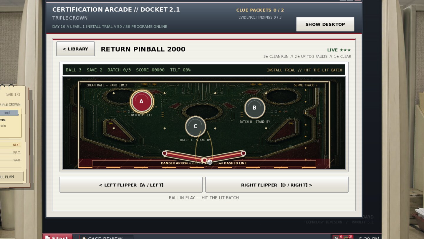 Return Pinball 2000 audit table with three samples, flippers, bumpers, and visible table limits