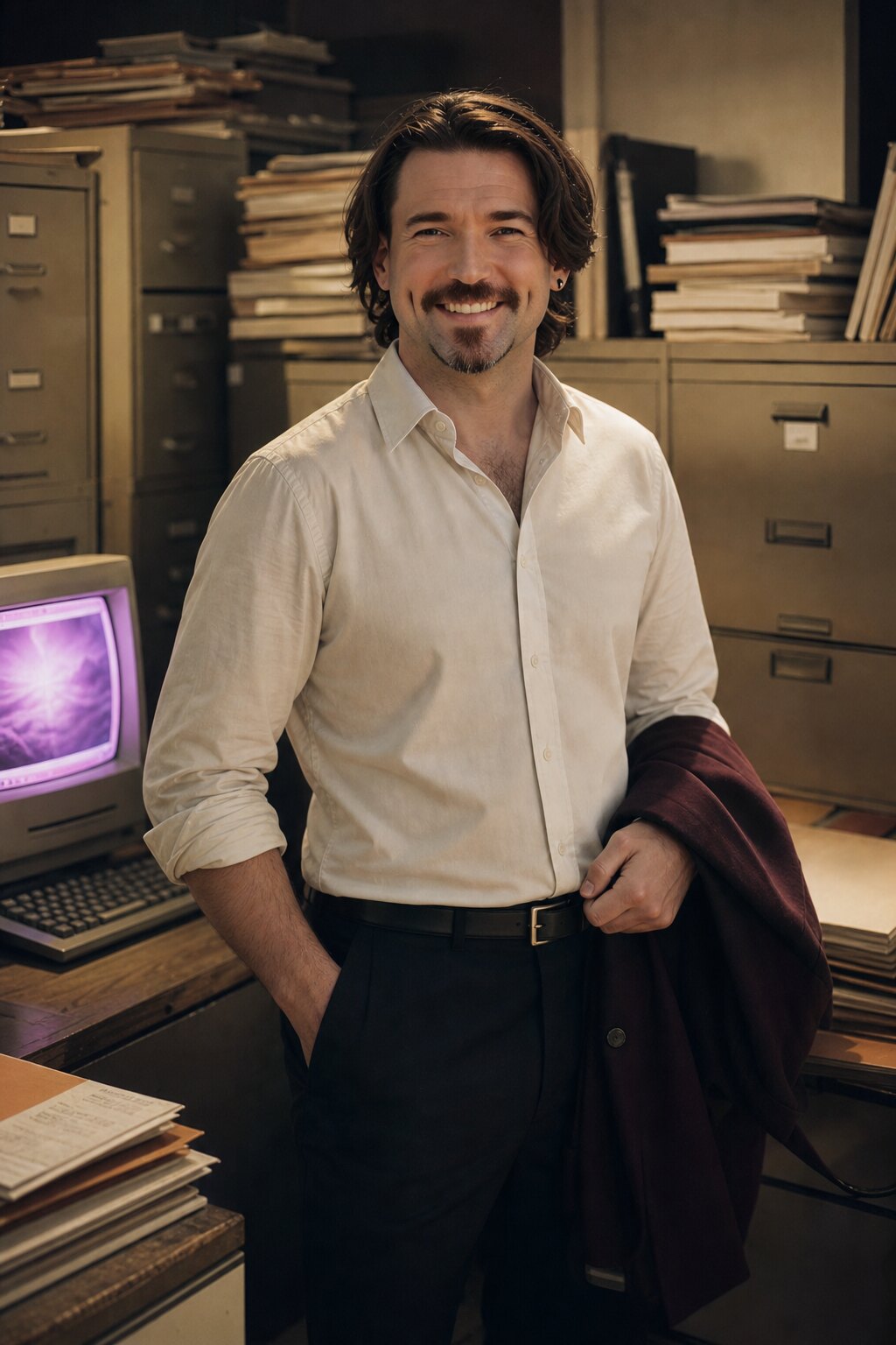 Art-directed office portrait of Fernando Polti among worn filing cabinets and a softly glowing CRT workstation