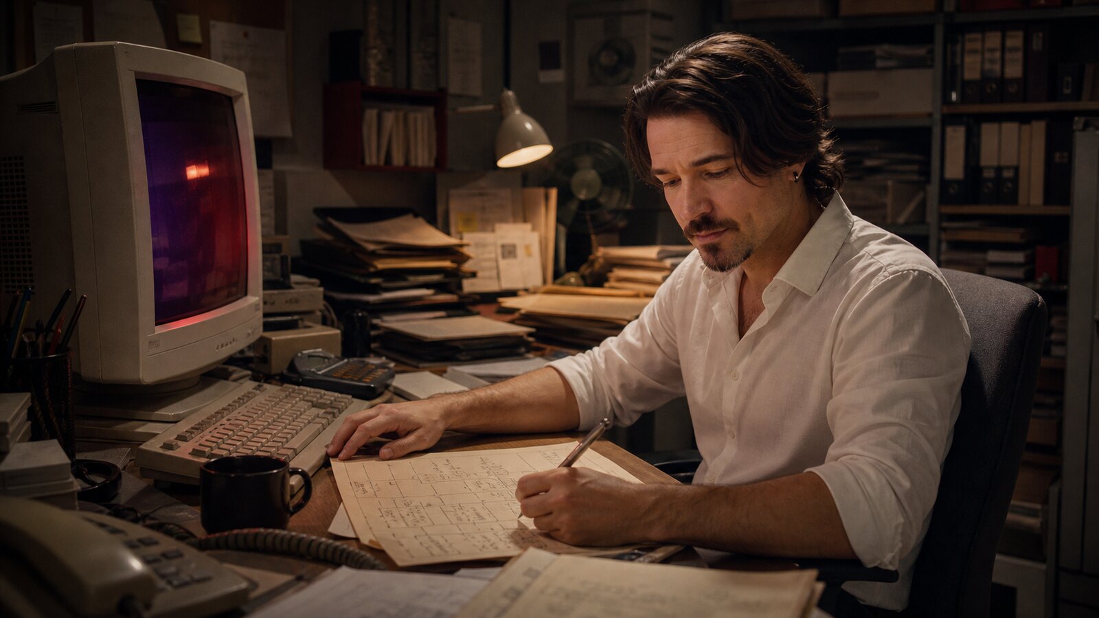 Art-directed wide office portrait of Fernando Polti designing game systems at a cluttered desk with a beige CRT computer and paper diagrams